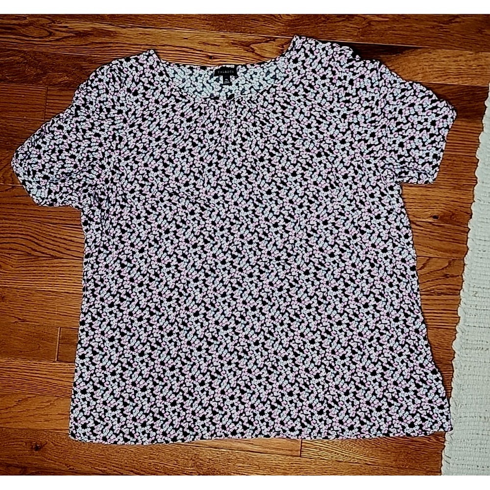 Talbots Top XL Floral Short Sleeve Blouse Keyhole Boho Crew Neck Pink Black - Picture 2 of 13